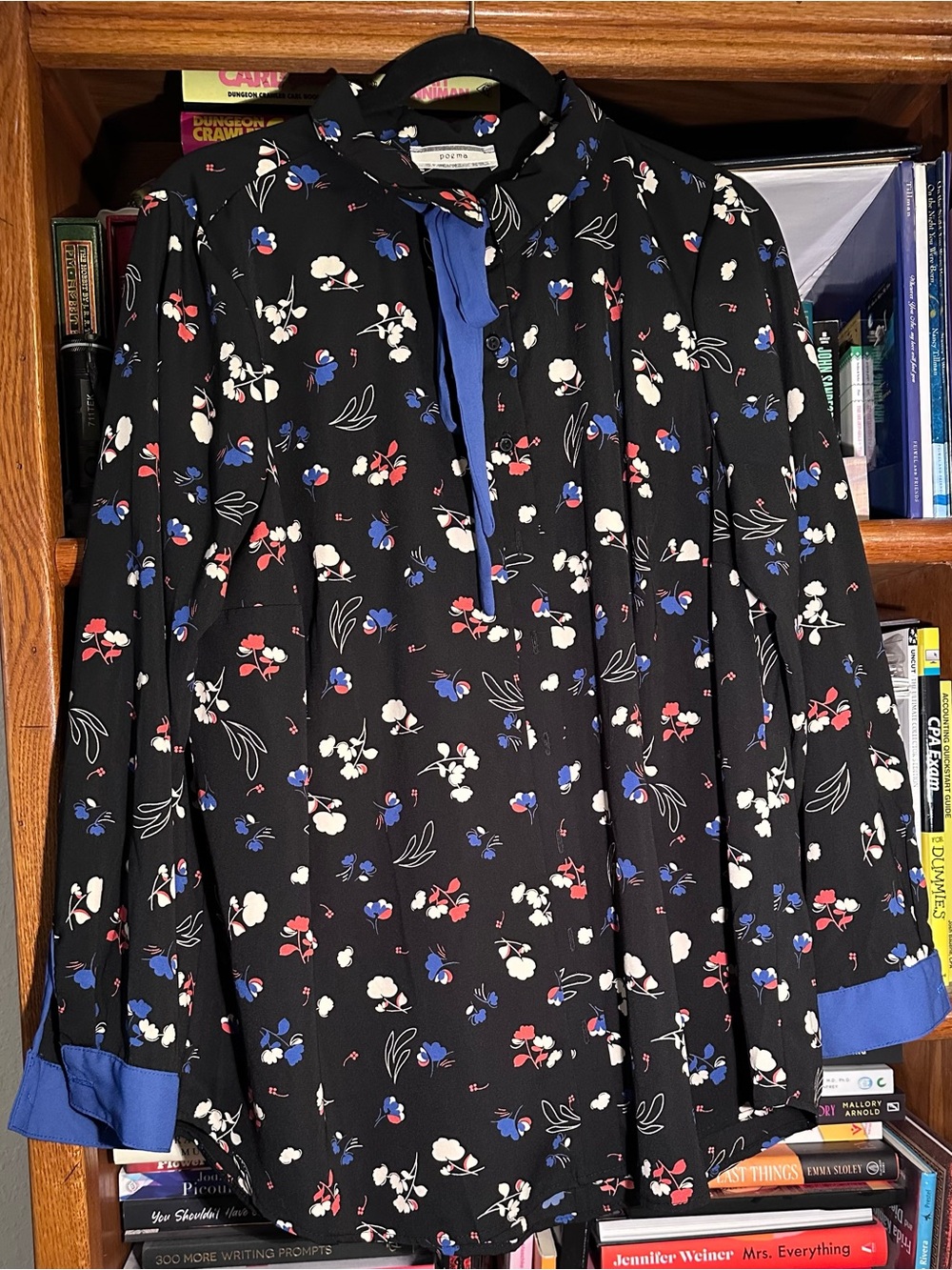 Poema Black Floral Tie-Neck Blouse with Blue Accents